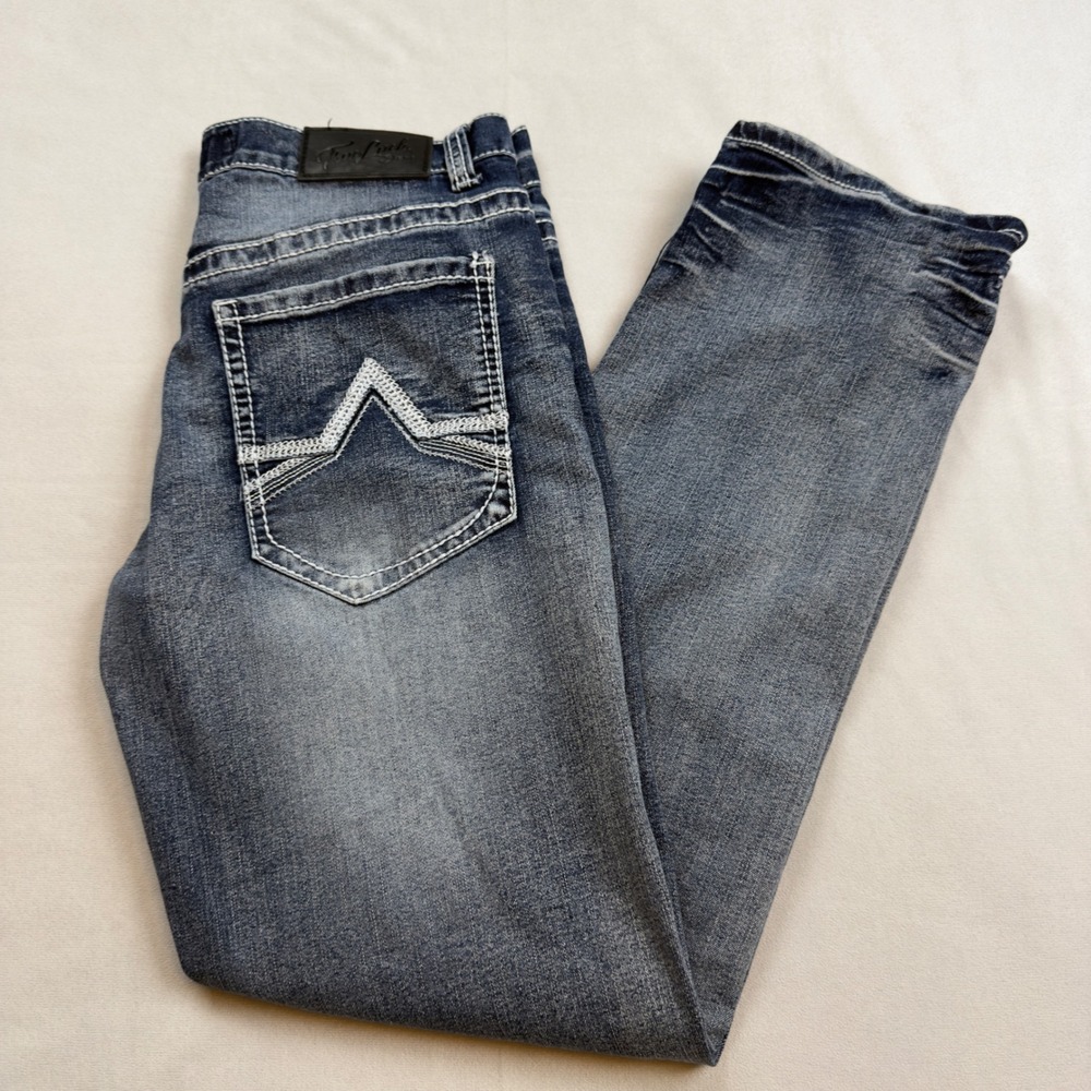 True Luck Mens Jeans‎ 32x32 Straight Leg Blue Denim White Stitching